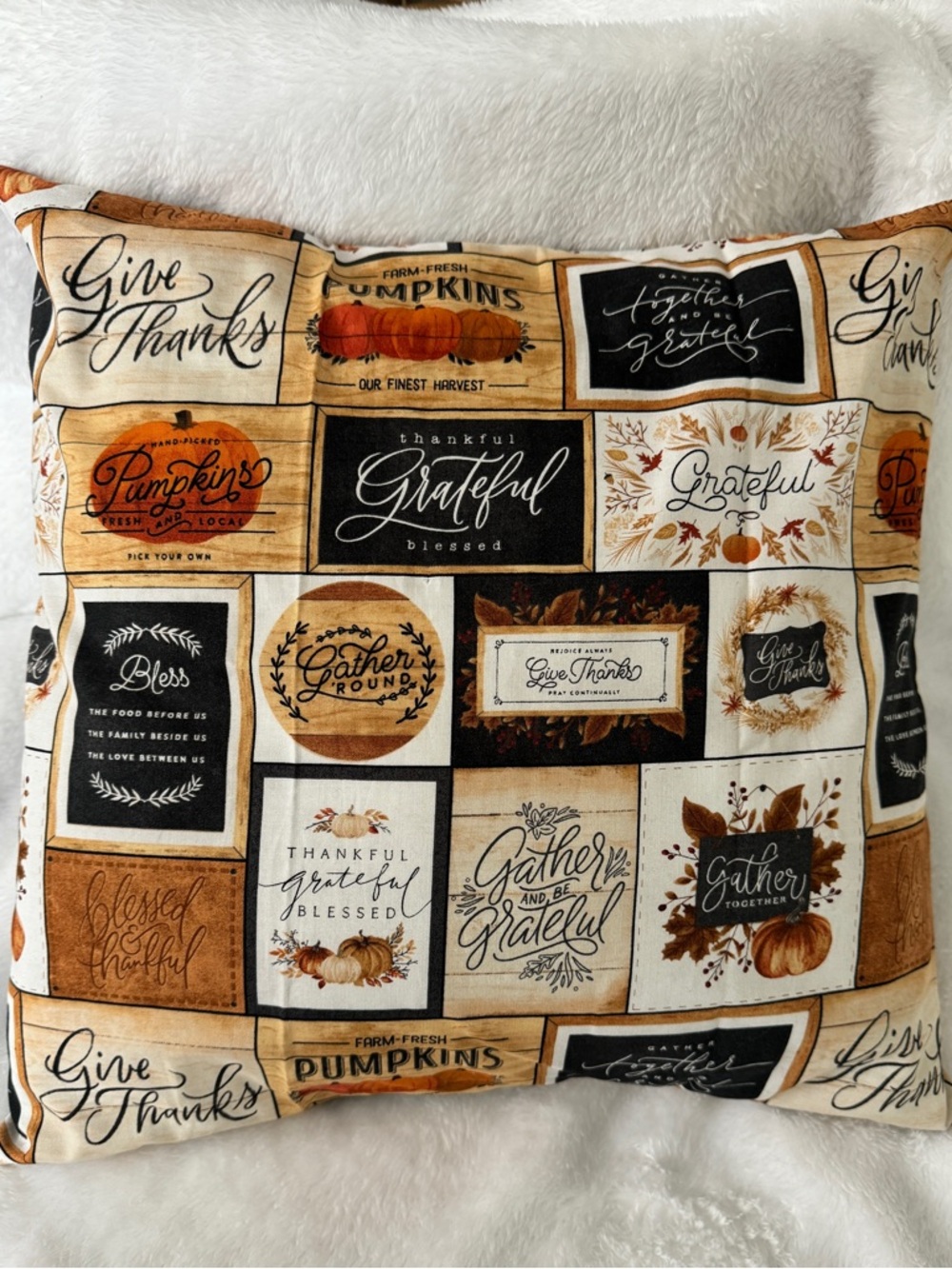 Autumn 'Give Thanks' Decorative Accent Pillow cover - Beige, Black & Orange